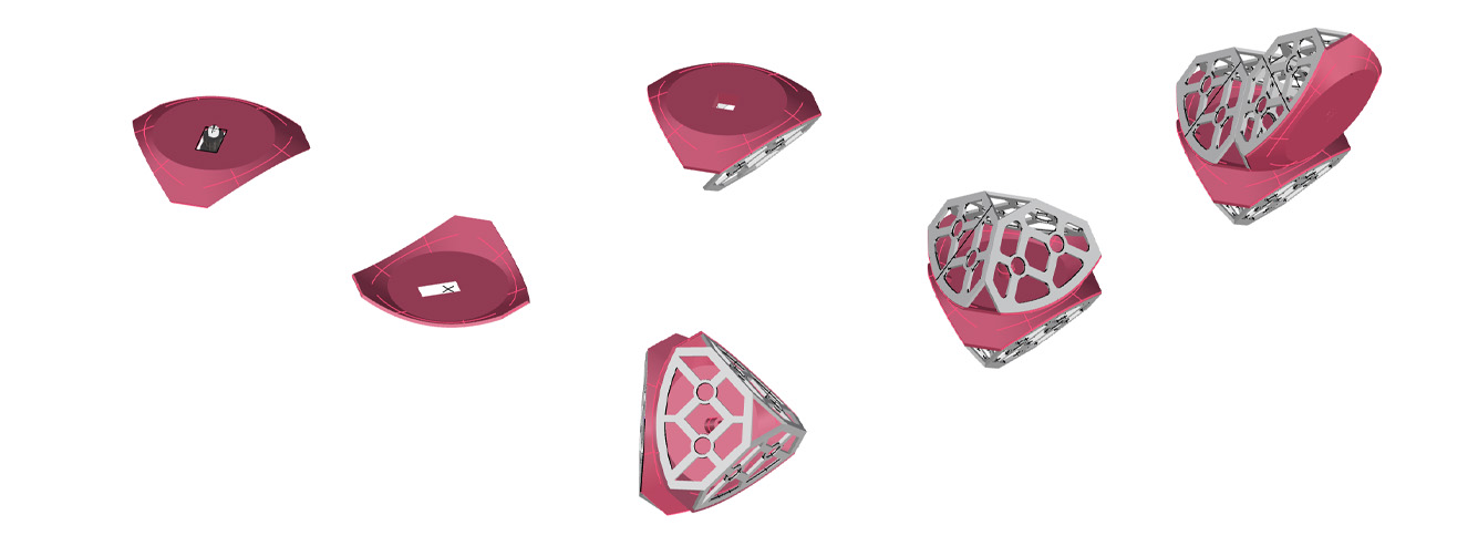Exploded 3D model showing the base plates and lattice shells assembling into a module